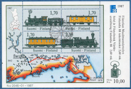 Finland Suomi 1987 Railroad Block Issue Cancelled Steam Locomotive, Map, Finlandia '88 Exhibition - Eisenbahnen