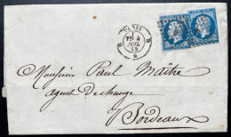 2X N°14 20c BLEU NAPOLEON SUR LETTRE / PARIS B POUR BORDEAUX 4 JUIL 1859 / LAC - 1849-1876: Klassik