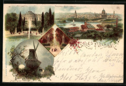 Lithographie Potsdam, Historische Mühle, Panorama V.Brauhausberge, Sanssouci, Eingang N.Sanssouci  - Potsdam