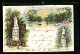 Lithographie Berlin-Tiergarten, Neuer See, Denkmal D. Königin Louise, Denkmal Friedrich Wilhelm III.  - Dierentuin
