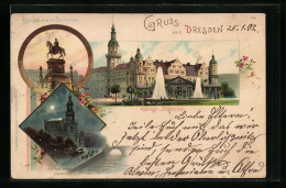 Lithographie Dresden, König Johann Denkmal, Schloss, Kath. Kirche  - Dresden