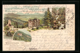 Lithographie Bühlertal, Hotel Wiedenfelsen, Mehrfachansicht, Wasserfall  - Buehlertal