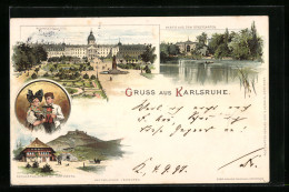 Lithographie Karlsruhe, Das Residenzschloss, Stadtgartenpartie, Badische Volkstracht, Schwarzwaldhaus  - Karlsruhe