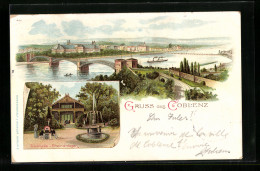 Lithographie Koblenz, Trinkhalle In Den Rheinanlagen, Partie An Der Eisenbahnbrücke  - Koblenz