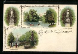Lithographie Berlin-Tiergarten, Königin Louise-Denkmal, Friedrich Wilhelm III.-Denkmal, Rousseau-Insel, Goldfischteich  - Dierentuin