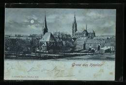 Mondschein-AK Kevelaer, Ortsansicht Mit Kirchen Aus Der Vogelschau  - Kevelaer