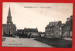 (RECTO / VERSO) QUINCAMPOIX EN 1911 - L' EGLISE ET LA MAIRIE AVEC PERSONNAGES - BEAU CACHET - CPA - Other & Unclassified