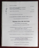 Faire Part Décès / Mme Sylva De Potter , Vve Jean Hautmont Née à Binche En 1928 Et Y Décédée En 2000 - Obituary Notices