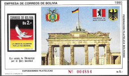 Bolivia 1990 Union Of Germany Brandenburg Gate Second Print Red No. Flag Without Symbol Mi.no.Bl. 191 II MNH Neuf ** - Bolivie