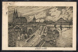 Künstler-AK Köln A. Rh., Uferpartie Mit Dom Und Strassenbahn  - Köln