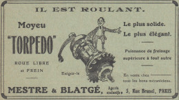 Moyeu Torpedo, Mestre & Blatgé, Pubblicità Epoca, 1912 Vintage Advertising - Advertising