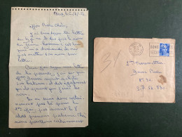 LETTRE TP M DE GANDON 15F OBL.MEC.7-4 1954 PARIS XV Pour 2ème Transmetteur BEUVE Pierre N°31 SP 54 830 - Military Postmarks From 1900 (out Of Wars Periods)