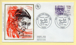 FDC N° 2357 - Jean-Paul SARTRE (1905-1980) - 75 Paris 23/02/1985 (soie) - 1980-1989