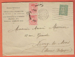 37P - Devant D'envel T Français N°130 Perforés ETP (B) Paris 25 - Taxée En Belgique Sur T Belge 138x2 - Griffe NIMY - Cartas & Documentos