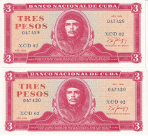 REPLACEMENT - PAREJA CORRELATIVA DE CUBA DE 3 PESOS DEL AÑO 1988 CHE GUEVARA SIN CIRCULAR (UNC) REEMPLAZO (BANKNOTE) - Kuba