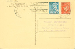 Guerre 40 Libération Mayer N°44 Mercure + 45 Pétain Surchargés Gouvernement Provisoire CAD 8 9 44 Flamme Marseille Libre - Guerre De 1939-45