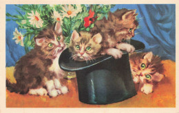 ANIMAUX - S29272 - 3 Chatons Dans Un Chapeau - Bouquet De Fleurs Dans Un Vase - Illustrateur Série 3325 - Katten