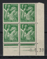 Coin Daté - Iris YV 432 N** MNH Luxe Complet , Coin Daté Du 8.5.39 , 3 Points - 1930-1939