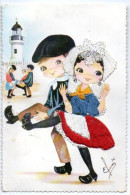 Carte Brodée Sous Blister - Couple D'enfants SABLAIS, Phare - Série Poitou N° 55 - Embroidered