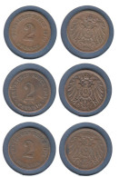 Allemagne  2 Pfennig  1912 F + 1913 D + 1914 A, Type 2, KM#16, Deutsches Reich, - 1 Pfennig