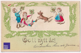 Bonne Année 1909 CPA Postcard Sweden Suède Enfants Chien Chiot Teckel Dachshund Vintage Trèfle Gaufrée Embossed A74-4 - Neujahr