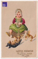 Félicitations 1910 CPA Postcard Sweden Suède Fille Chiot Teckel Dachshund Vintage Chat Girl Cat Gaufrée Embossed A74-22 - Hunde