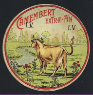 Ancienne Etiquette Fromage Camembert Extra Fin " LV"  Vache Gros Plan  Imp Orgeval & Cie  34 Rue Vavin Paris - Käse