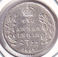 BRITISH INDIA SILVER COIN LOT 216, 2 ANNAS 1907, XF, SCARE - India