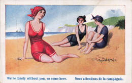 ILLUSTRATEURS - S29337 - Donald ID Gill - Nous Attendons De La Compagnie - Femmes Assises Sur La Plage - Andere & Zonder Classificatie