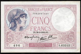 FRANCE - 5 Francs Violet - 28.9.1939 - F:4/10 -  N°S. - Petites Salissures, Petits Plis - TTB+ - 5 F 1917-1940 ''Violet''