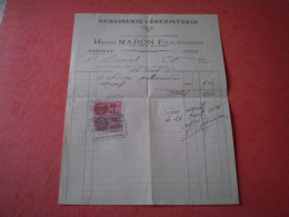 Menuiserie ébénisterie Henri MARON à Annonay, Timbre Fiscal DA 10c & DA 1franc - 1900 – 1949