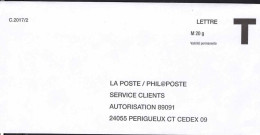 France Entier-P N** (7020) La Poste Philaposte Aurorisation 89091 Lettre M20g VP C.2017/2 - Karten/Antwortumschläge T