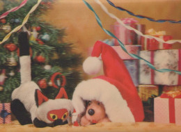 Neujahr Weihnachten KATZE HUND LENTICULAR 3D Vintage Ansichtskarte Postkarte CPSM #PAZ059.A - Nouvel An