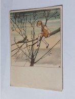 Cp Enfants/Fille Et Chenille Sur Une Branche D'arbre. Signé ? - Scènes & Paysages