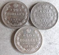 Russie Lot De 3 Pièces De 20 Kopeks 1913 – 1914 - 1915  En Argent - Russland