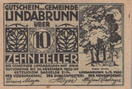 10 HELLER 1920 Stadt LINDABRUNN Niedrigeren Österreich Notgeld #PD792 - [11] Emissioni Locali