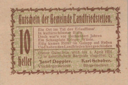 10 HELLER 1920 Stadt LANDFRIEDSTETTEN Niedrigeren Österreich Notgeld Papiergeld Banknote #PG923 - [11] Emissioni Locali