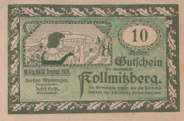 10 HELLER 1920 Stadt KOLLMITZBERG Niedrigeren Österreich Notgeld #PD722 - Lokale Ausgaben