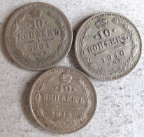 Russie Lot De 3 Pièces De 10 Kopeks 1904 - 1910 - 1915 En Argent - Russia