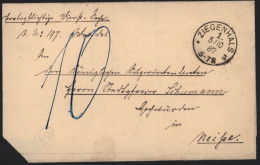 Deutsches Reich Markenloser Brief K1 Ziegenhals N. Neisse Nachtaxiert Rs. Mit - Lettres & Documents