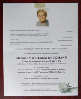 Faire Part Décès / Mme Marie-Louise Drugmand , Vve Lucien Warolus Née à Binche En 1922 , Décédée à La Louvière En 2010 - Obituary Notices