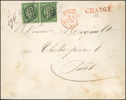 Obl. 2 - Paire (légèrement Touchée) Du 15c. Vert Obl. Grille S/lettre Chargée, Frappée Du CàD Du BUREAU CENTRAL (60) Du  - 1849-1850 Cérès