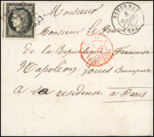 Obl. 3 - 20c. Noir S/jaune Obl. Grille S/lettre Frappée Du CàD D'ESTERNAY Du 8 Mars 1850 à L'attention De Mr. Le Préside - 1849-1850 Cérès