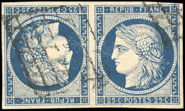 Obl. 4c - Paire Tête-Bêche Du 25c. Bleu. Obl. Infime Trou D'épingle Sinon SUP. - 1849-1850 Cérès