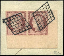 Obl. 6 - Paire Du 1F. Carmin. CdeF Intégral. Obl. Grille S/petit Fragment. Pièce De Référence. SUP. RRR. - 1849-1850 Cérès