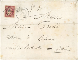 Obl. 6d - 1F. Carmin Cerise, Obl. PC 2114 S/lettre Frappée Du CàD De MONTUEL Du 28 Juin 1853 à Destination De BELLEVILLE - 1849-1850 Cérès