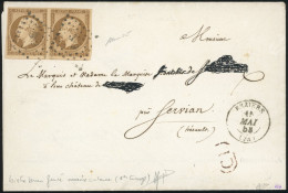 Obl. 9d - Paire Du 10c. Bistre-brun Foncé (amorce De 2 Voisins) Obl. PC 389 S/lettre Frappée Du CàD De BEZIERS Du 15 Mai - 1852 Louis-Napoleon