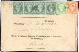 Obl. 11x4 + 12 + 16 - Bande De 4 Du 1c. Olive + 5c. Vert + 40c. Orange Obl. S/lettre Frappée Du CàD De CAEN Du 26 Mai 18 - 1853-1860 Napoléon III.