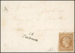 Obl. 13A - 10c. Bistre Obl. PC 2538 S/lettre Frappée De La Cursive 16 PONTREAU Et De La Boite Rurale A à Destination De  - 1853-1860 Napoléon III.