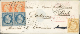 Obl. 13A + 15 + 16 - 10c. Bistre (déf.) + Paire Du 25c. Bleu + Paire Du 40c. Orange (déf.), Obl. Rouleau De Gros Points  - 1853-1860 Napoléon III.